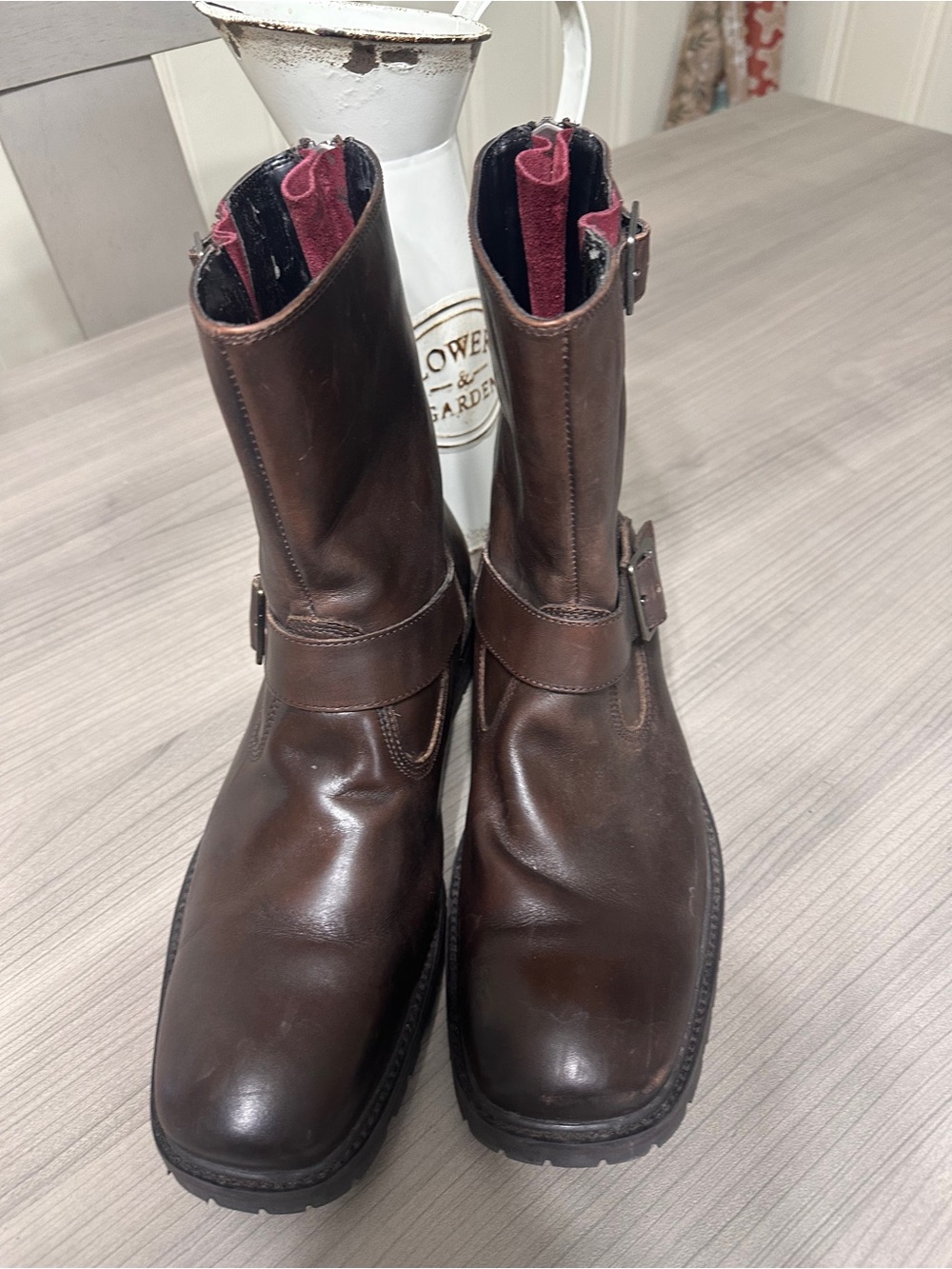 Kenneth Cole Reaction Men's Dark Brown Leather Engineer Boots with Red Lining